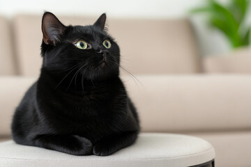 Bombay cat with black fur and green eyes sitting indoors on a chair, gazing curiously at home.
