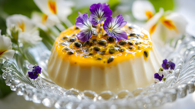 A silky smooth panna cotta topped with passion fruit coulis and edible flowers served in a crystal bowl.