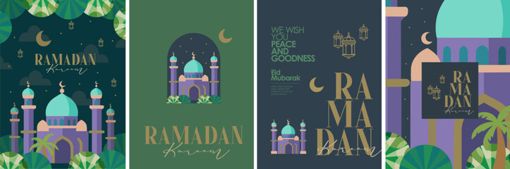 Ramadan kareem. Eid mubarak. Vector stylish modern flat illustration of mosque, landscape, logo, nature and crescent moon for greeting card, postcard, background or poster