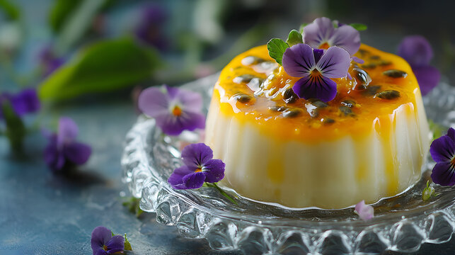 A silky smooth panna cotta topped with passion fruit coulis and edible flowers served in a crystal bowl.