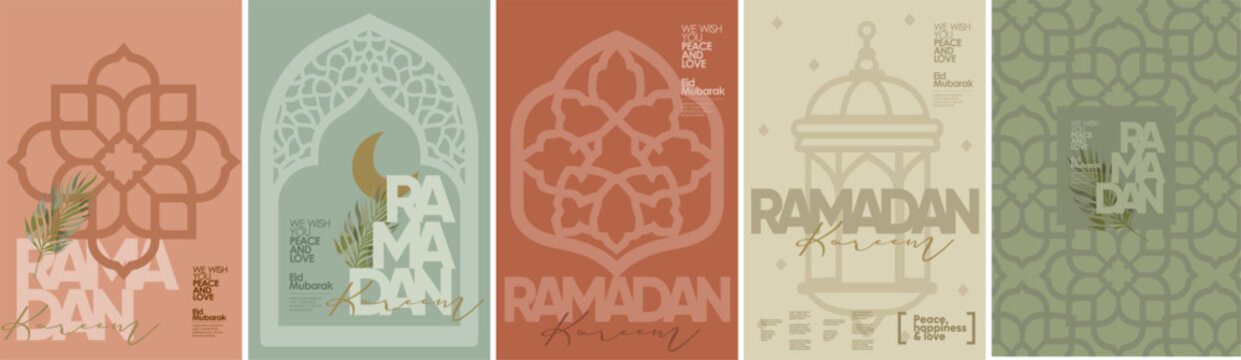 Ramadan kareem. Eid mubarak. Vector stylish modern illustration of muslim islamic ornament, arabic window, lantern, logo, tile, pattern and crescent moon for greeting card, background or poster
