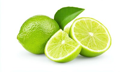 Bright, fresh limes with lush green leaves on a clean white background, perfect for summer drinks and healthy dishes.