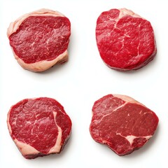 Exquisite raw steaks displayed elegantly on a white canvas, perfect for culinary enthusiasts and gourmet chefs.