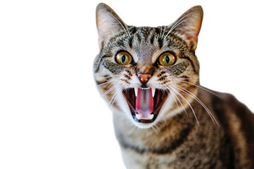 Obraz premium Close up of angry feline with open mouth showing teeth, with a transparent background, high angle view, intense expression, focused look