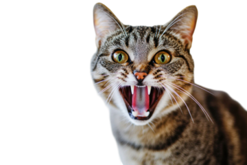 Close up of angry feline with open mouth showing teeth, with a transparent background, high angle view, intense expression, focused look