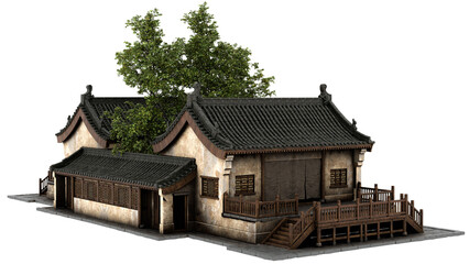 3d render traditional asian house with transparent background
