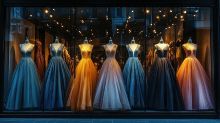 Naklejka premium Elegant gowns displayed in a storefront window at night