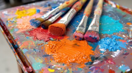 Fototapeta premium Explore a vibrant abstract art studio where creativity flows through brushes, colorful palettes, and messy beauty.