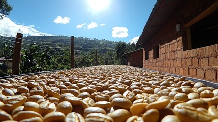 Coffee beans drying on trays, mountain backdrop, sunny day, rural location