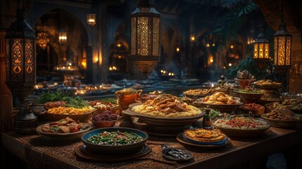 Moroccan feast spread in a dimly lit courtyard