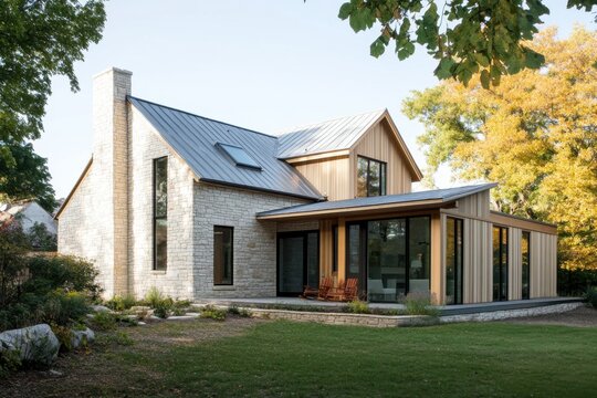 Contemporary home design featuring a blend of stone and wood elements, set against a backdrop of lush greenery in the afternoon light