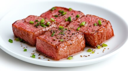 Sliced, seasoned steak cubes on white plate