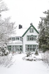 Snowy winter landscape with a charming white house surrounded by trees and a snow-covered yard in a serene rural setting