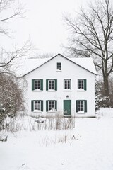 Snow-covered house with green shutters surrounded by a winter landscape in a serene, quiet environment during the daytime