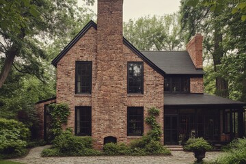 A delightful brick house nestled amidst vibrant greenery, located in a peaceful residential neighborhood, serenely basking in the afternoon sun