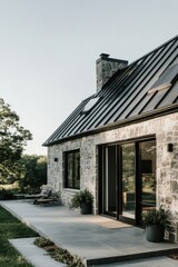 A contemporary stone house featuring a sleek roof design is beautifully situated in a peaceful natural environment, bathed in the soft light of early morning