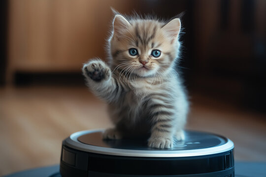 Adorable British Shorthair kitten and playful cat on a robot ? cute fluffy pet and feline friend