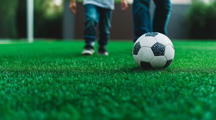 Obraz premium Close-up of soccer ball with father and son in background. Active play moment represents connection, support, and shared love for football. Perfect for family and lifestyle themes.