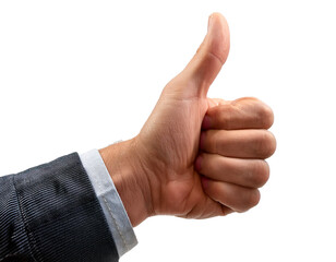 Businessman showing thumbs-up gesture, approval sign, isolated on transparent background