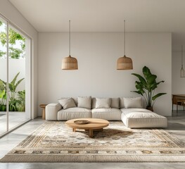 Modern living room with patio view, beige sectional sofa and round coffee table