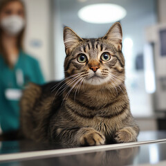 Tabby cat at veterinary clinic with adorable whiskers and fluffy fur in a healthcare setting