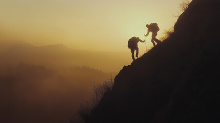 Naklejka premium Two Hikers Silhouetted Against a Breathtaking Sunrise, One Extending a Helping Hand to Pull the Other Up a Steep Cliff, Symbolizing Teamwork, Perseverance, and Determination in a Rugged Mountain Lands