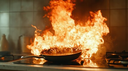 A dramatic scene of flames engulfing a cooking pan highlights the potential dangers of kitchen fires, emphasizing the critical need for safety precautions while cooking.