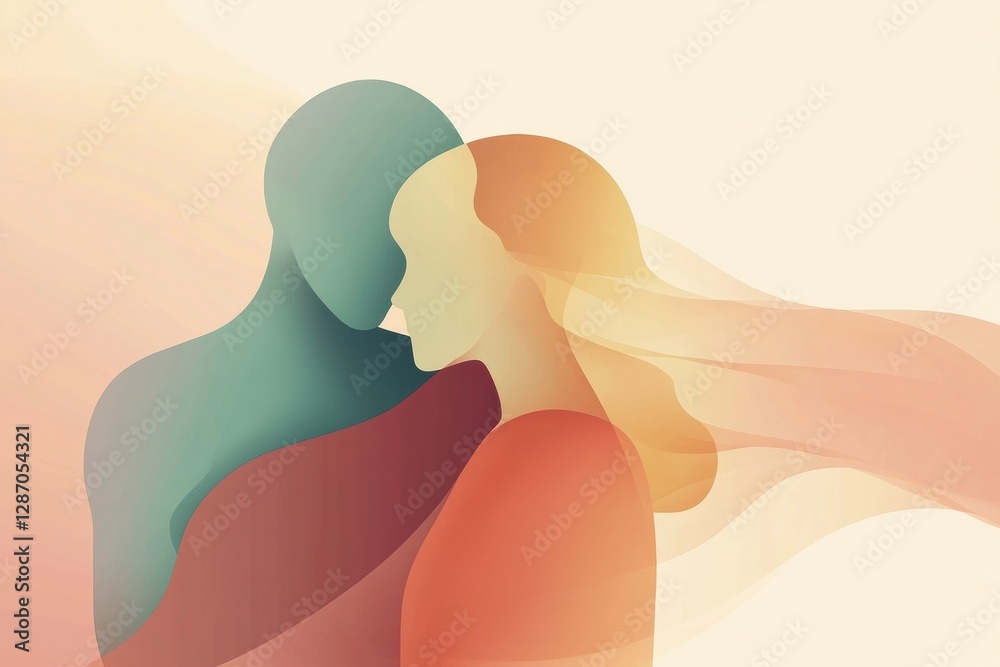 Poster minimalist illustration of two figures embracing in a warm color palette during a tranquil moment of