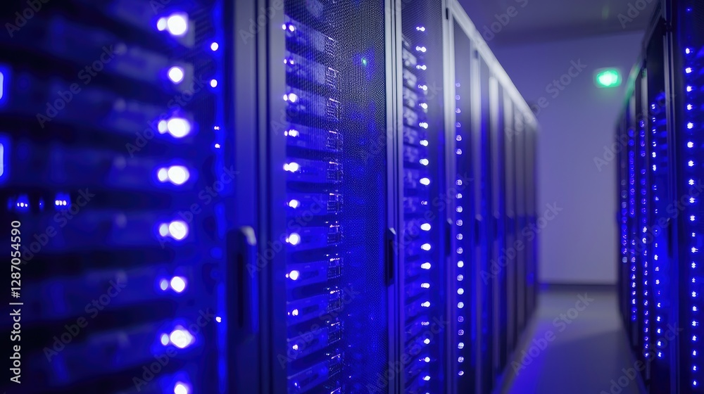 Poster A futuristic server room with rows of glowing blue data racks in a dimly lit environment. Ideal for cloud computing, cybersecurity, and data storage concepts