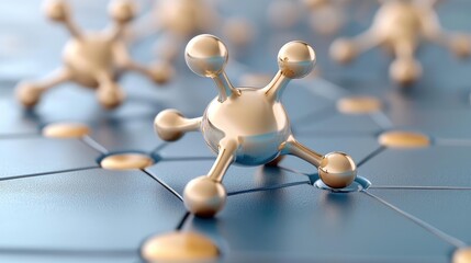 Obraz premium Abstract 3D render of metallic golden molecular structures connected on a blue network grid.