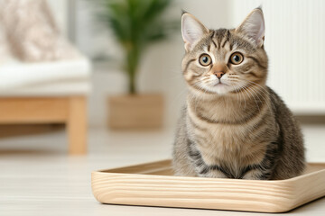 Adorable tabby cat sitting indoors, featuring a cute and fluffy striped kitten with whiskers.