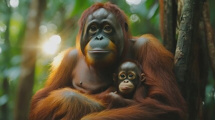 Orangutan mother and baby in rainforest, sunlit scene