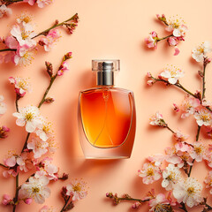Captivating elegance of a perfume bottle surrounded by delicate blossoms on a peach backdrop inviting exploration of sensory delight and sophistication
