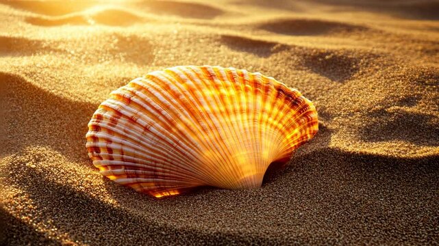 Beautiful seashell resting on golden sand under warm sunlight at a serene beach