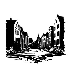 Silhouette cobblestone street with old town houses – monochrome vector illustration