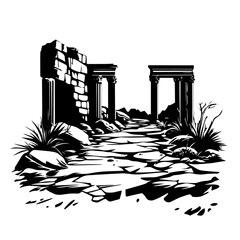 Ancient ruins pathway with stone columns – hand-drawn monochrome vector illustration