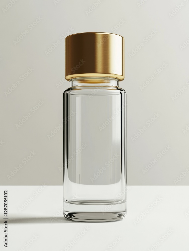 Poster Minimalist glass bottle with a gold cap placed on a plain background for product display or design ideas. Generative AI