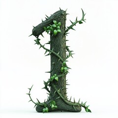 Naklejka premium Of the number 1 made of twisted thorny vines with dark green hues and sharp curved spikes, isolated on a clean white background