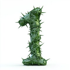 Naklejka premium Of the number 1 made of twisted thorny vines with dark green hues and sharp curved spikes, isolated on a clean white background