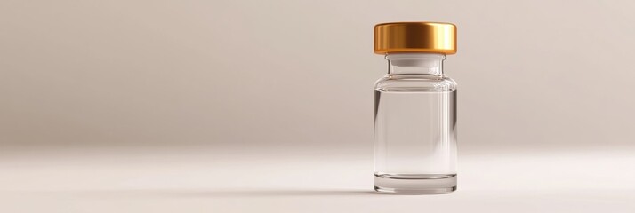 Clear bottle with golden cap displayed on a simple background emphasizing its design and materials. Generative AI