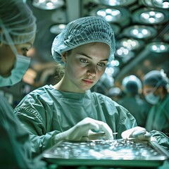 Operating Room Preparation &ndash; A nurse setting up a tray of sterilized surgical instruments in an operating theater under bright white lights.