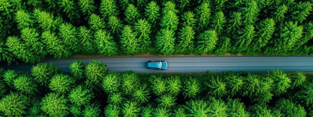 Aerial view of a car driving on a winding road through a lush green forest on a sunny summer day. Scenic travel and road trip concept in nature.