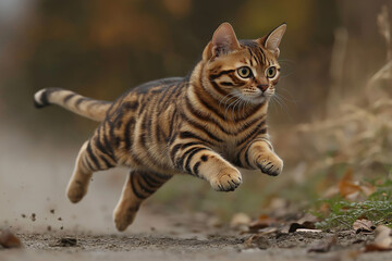 Naklejka premium Bengal cat displaying agility and jumping with stripes, vibrant eyes, and patterned fur