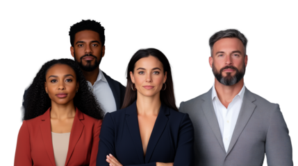 Diverse group of business professionals standing confidently and looking at camera on transparent background