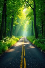 Fototapeta premium Sun-dappled asphalt ribbon winds through lush green canopy , shade, journey