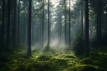 Obraz premium Misty forest with tall trees and soft light creating a serene atmosphere in a tranquil woodland