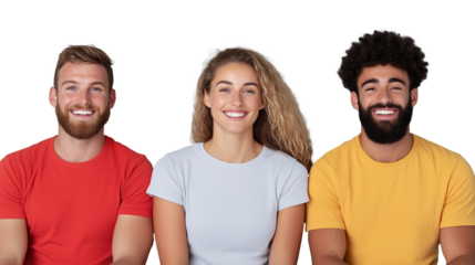 Group of three young adults sitting side by side and smiling casually on transparent background