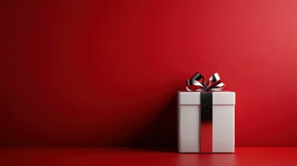 A beautifully wrapped white gift box sits against a vibrant red wall, showcasing its stunning black and silver bow, perfect for various celebrations and occasions.