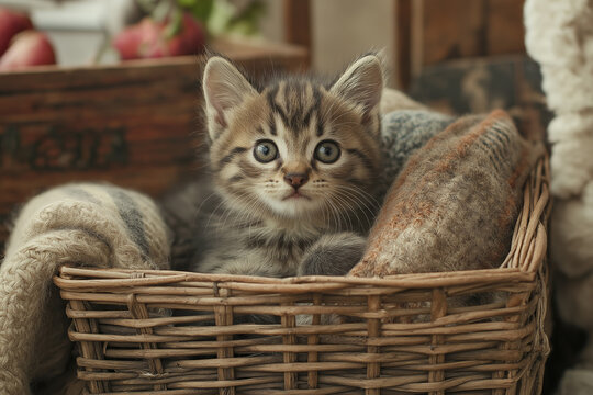 Sweet kitten lounging in a cozy basket surrounded by soft textures