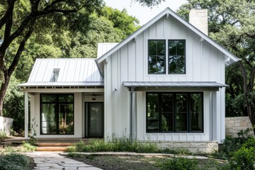 Fototapeta premium A contemporary farmhouse featuring expansive windows and a spacious wooden porch is beautifully enveloped by vibrant, lush greenery during the day